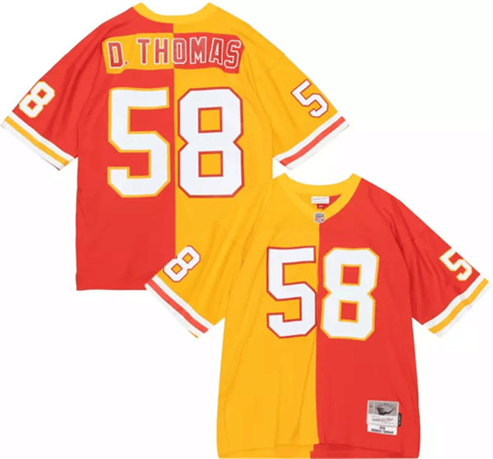 Personalized Men’s Kansas City Chiefs #58 Derrick Thomas Red Yellow Split 1994 Throwback Stitched Football Jersey
