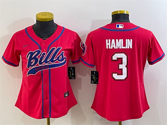 Personalized Women’s Buffalo Bills #3 Damar Hamlin Red With Patch Cool Base Stitched Baseball Jersey(Run Small)