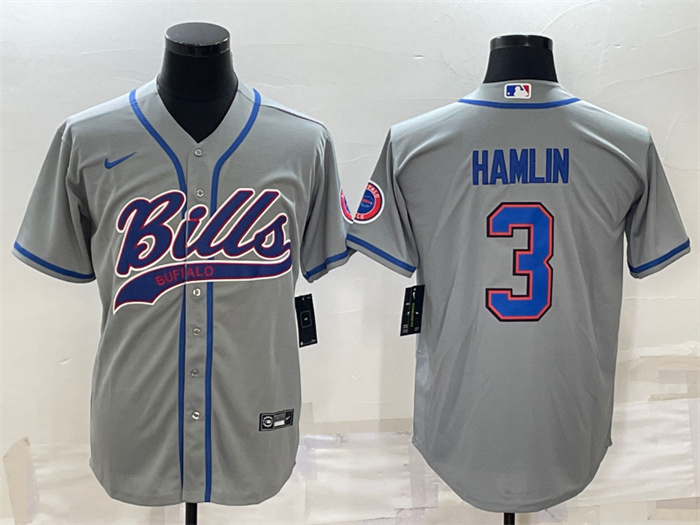 Personalized Men’s Buffalo Bills #3 Damar Hamlin Gray With Patch Cool Base Stitched Baseball Jersey