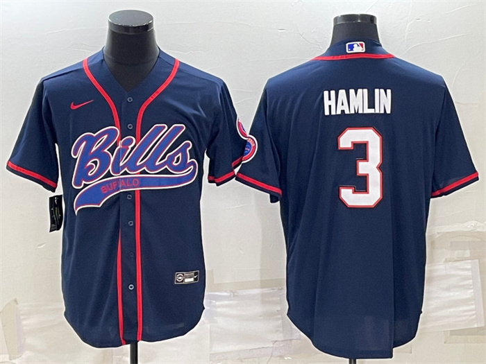 Personalized Men’s Buffalo Bills #3 Damar Hamlin Navy With Patch Cool Base Stitched Baseball Jersey