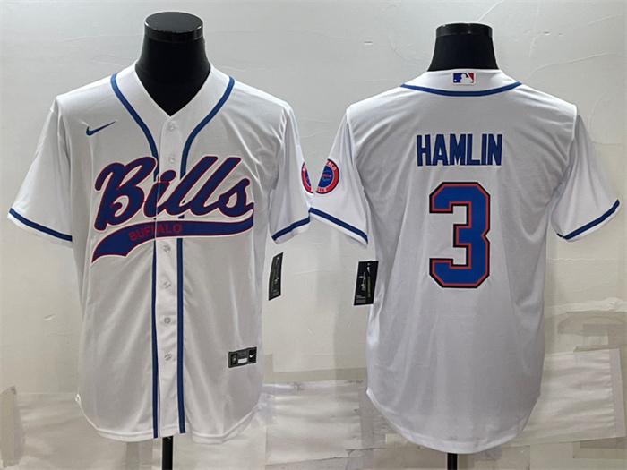 Personalized Men’s Buffalo Bills #3 Damar Hamlin White With Patch Cool Base Stitched Baseball Jersey