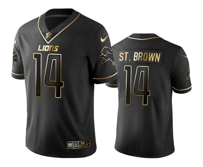 Personalized Men’s Detroit Lions #14 Amon-Ra St. Brown Black Gold Edition Stitched Jersey