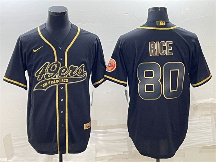 Personalized Men’s San Francisco 49ers #80 Jerry Rice Black Gold With Patch Cool Base Stitched Baseball Jersey
