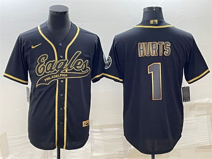 Personalized Men’s Philadelphia Eagles #1 Jalen Hurts Black Gold With Patch Cool Base Stitched Baseball Jersey