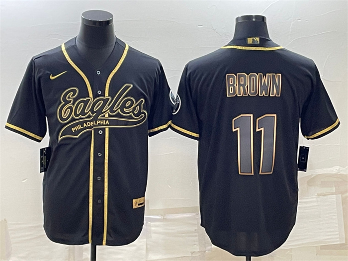 Personalized Men’s Philadelphia Eagles #11 A. J. Brown Black Gold With Patch Cool Base Stitched Baseball Jersey
