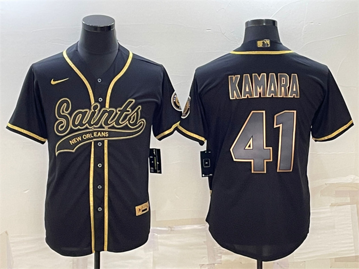 Personalized Men’s New Orleans Saints #41 Alvin Kamara Black Gold With Patch Cool Base Stitched Baseball Jersey