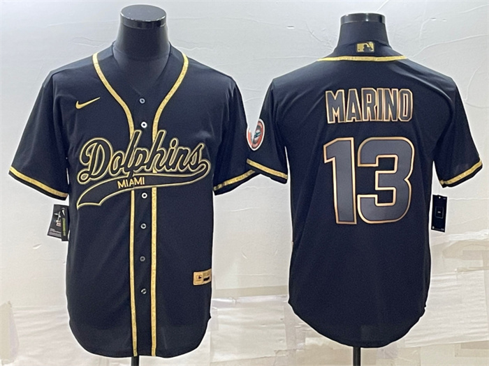 Personalized Men’s Miami Dolphins #13 Dan Marino Black Gold With Patch Cool Base Stitched Baseball Jersey