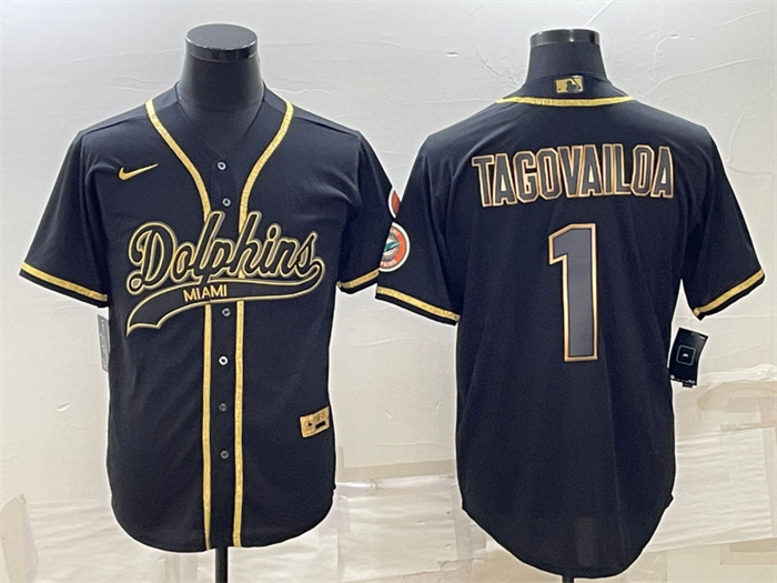 Personalized Men’s Miami Dolphins #1 Tua Tagovailoa Black Gold With Patch Cool Base Stitched Baseball Jersey