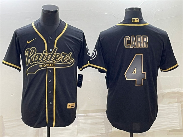 Personalized Men’s Las Vegas Raiders #4 Derek Carr Black Gold With Patch Cool Base Stitched Baseball Jersey