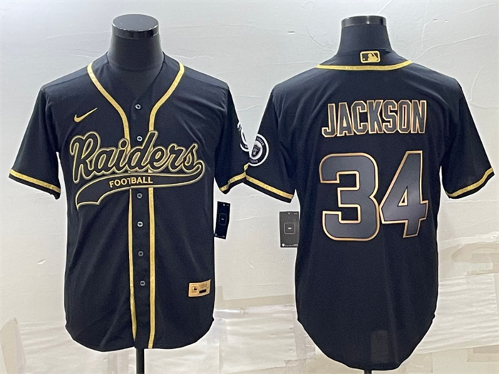 Personalized Men’s Las Vegas Raiders #34 Bo Jackson Black Gold With Patch Cool Base Stitched Baseball Jersey