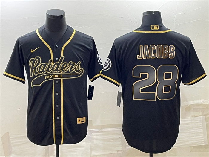 Personalized Men’s Las Vegas Raiders #28 Josh Jacobs Black Gold With Patch Cool Base Stitched Baseball Jersey