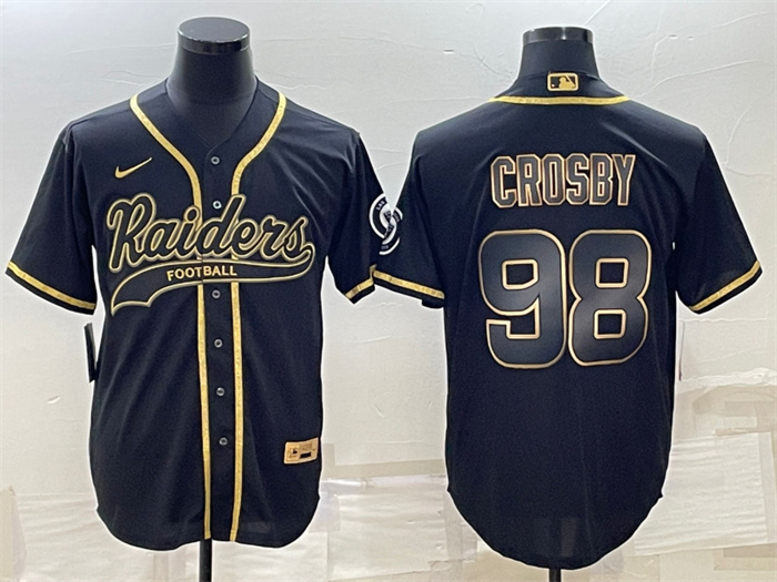 Personalized Men’s Las Vegas Raiders #98 Maxx Crosby Black Gold With Patch Cool Base Stitched Baseball Jersey