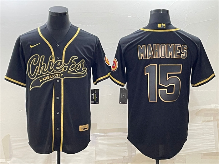 Personalized Men’s Kansas City Chiefs #15 Patrick Mahomes Black Gold With Patch Cool Base Stitched Baseball Jersey