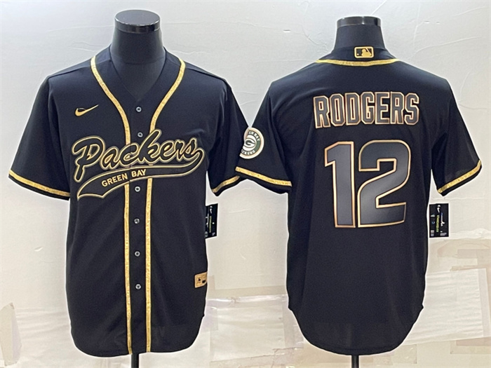 Personalized Men’s Green Bay Packers #12 Aaron Rodgers Black Gold With Patch Cool Base Stitched Baseball Jersey