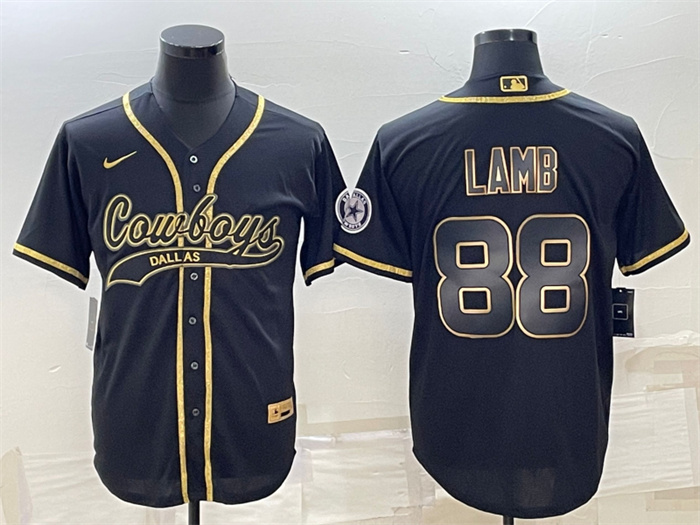 Personalized Men’s Dallas Cowboys #88 CeeDee Lamb Black Gold With Patch Cool Base Stitched Baseball Jersey