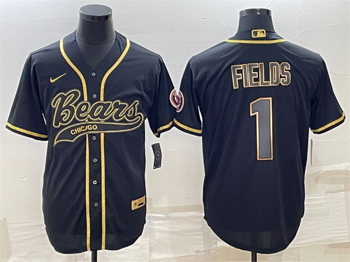 Personalized Men’s Chicago Bears #1 Justin Fields Black Gold With Patch Cool Base Stitched Baseball Jersey