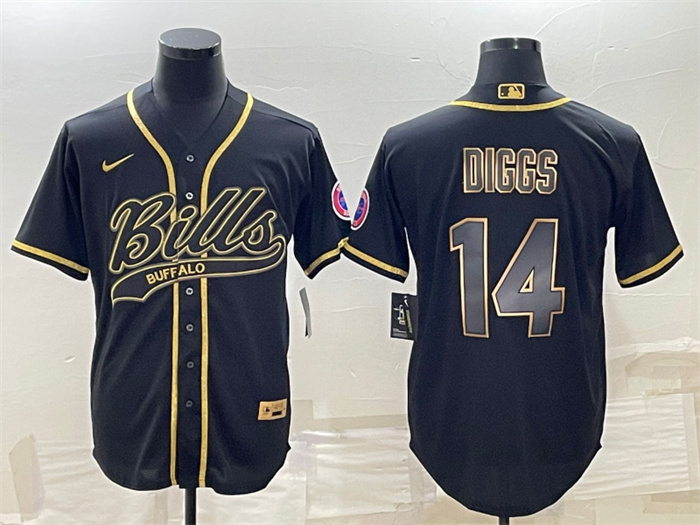 Personalized Men’s Buffalo Bills #14 Stefon Diggs Black Gold With Patch Cool Base Stitched Baseball Jersey