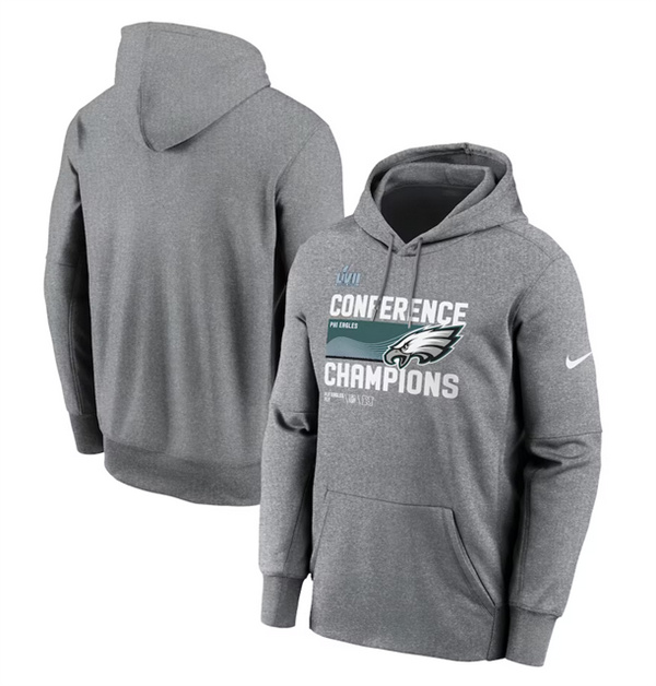 Personalized Men’s Philadelphia Eagles Heather Gray 2022 NFC Champions Locker Room Trophy Collection Pullover Hoodie