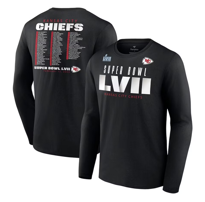 Personalized Men’s Kansas City Chiefs Black Super Bowl LVII Varsity Team Roster Big & Tall Long Sleeve T-Shirt
