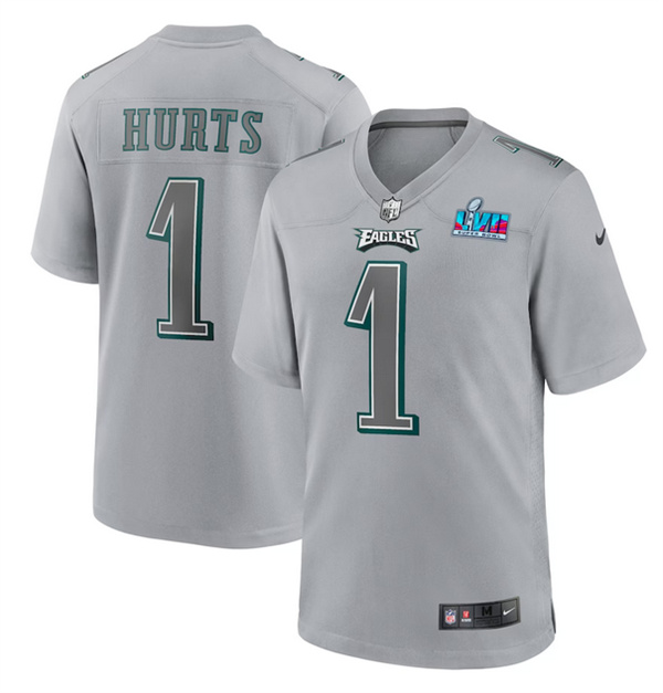 Personalized Men’s Philadelphia Eagles #1 Jalen Hurts Grey Super Bowl LVII Patch Atmosphere Fashion Stitched Game Jersey