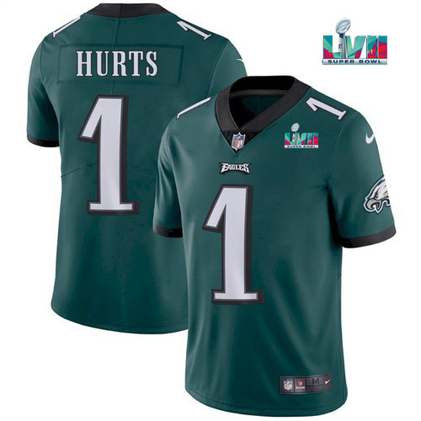 Personalized Men’s Philadelphia Eagles #1 Jalen Hurts Green Super Bowl LVII Patch Untouchable Limited Stitched Jersey