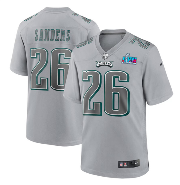 Personalized Men’s Philadelphia Eagles #26 Miles Sanders Grey Super Bowl LVII Patch Atmosphere Fashion Stitched Game Jersey