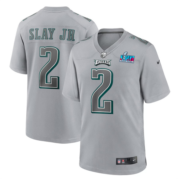 Personalized Men’s Philadelphia Eagles #2 Darius Slay Jr. Grey Super Bowl LVII Patch Atmosphere Fashion Stitched Game Jersey