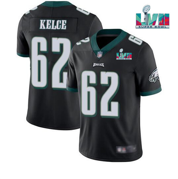 Personalized Men’s Philadelphia Eagles #62 Jason Kelce Black Super Bowl LVII Patch Untouchable Limited Stitched Jersey