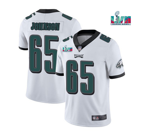 Personalized Men’s Philadelphia Eagles #65 Lane Johnson White Super Bowl LVII Patch Untouchable Limited Stitched Jersey