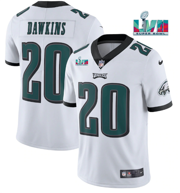 Personalized Men’s Philadelphia Eagles #20 Brian Dawkins White Super Bowl LVII Patch Untouchable Limited Stitched Jersey