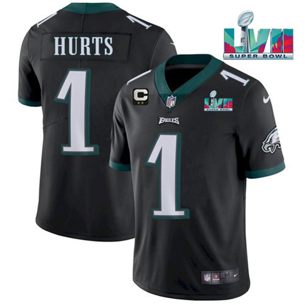 Personalized Men’s Philadelphia Eagles #1 Jalen Hurts Black Super Bowl LVII Patch And 2-Star C Patch Untouchable Limited Stitched Jersey