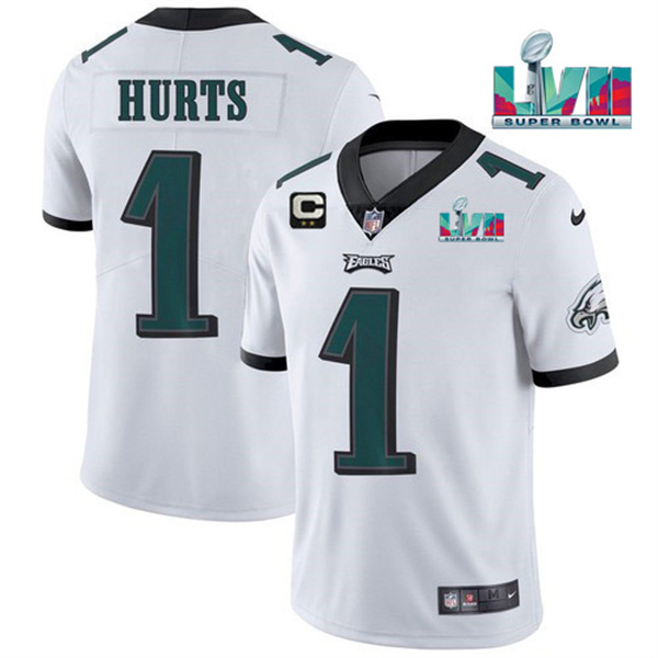 Personalized Men’s Philadelphia Eagles #1 Jalen Hurts White Super Bowl LVII Patch And 2-Star C Patch Untouchable Limited Stitched Jersey