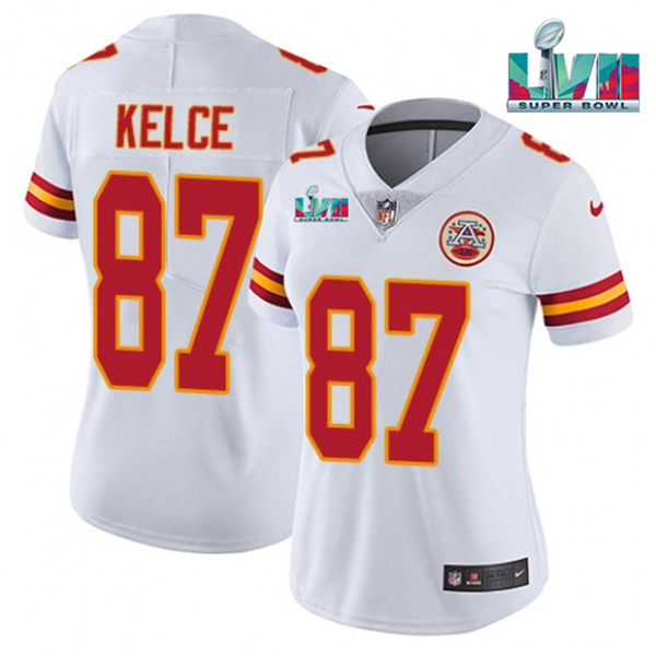 Personalized Women’s Kansas City Chiefs #87 Travis Kelce White Super Bowl LVII Patch Stitched Jersey(Run Small)
