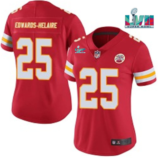 Personalized Women’s Kansas City Chiefs #25 Clyde Edwards-Helaire Red Super Bowl LVII Patch Stitched Jersey(Run Small)