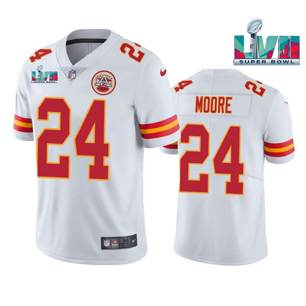 Personalized Men’s Kansas City Chiefs #24 Skyy Moore White Super Bowl LVII Patch Untouchable Limited Stitched Jersey