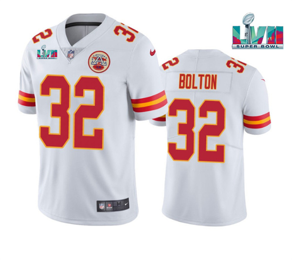 Personalized Men’s Kansas City Chiefs #32 Nick Bolton White Super Bowl LVII Patch Untouchable Limited Stitched Jersey