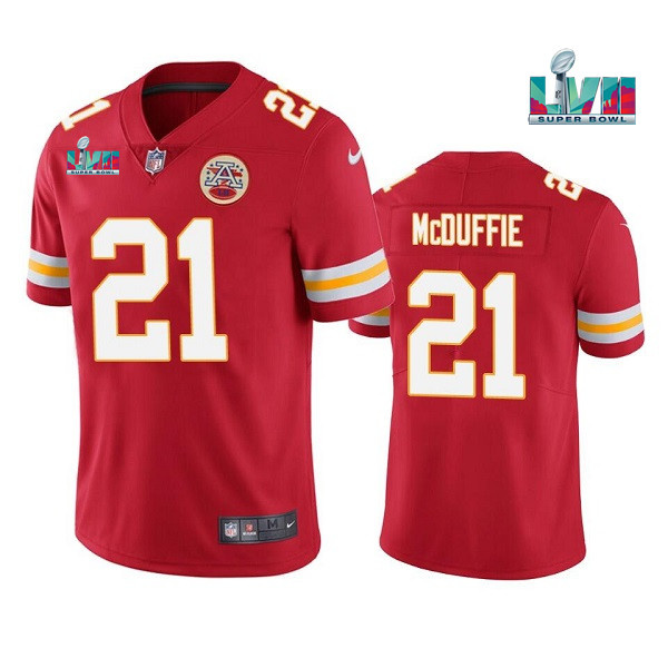 Personalized Men’s Kansas City Chiefs #21 Trent McDuffie Red Super Bowl LVII Patch Untouchable Limited Stitched Jersey