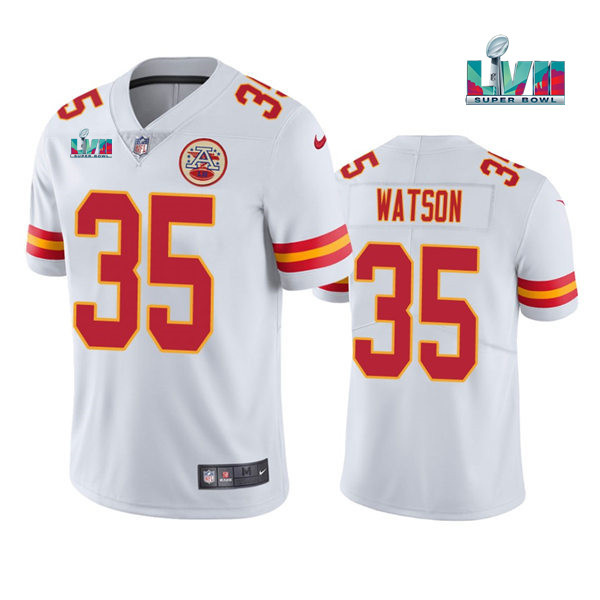 Personalized Men’s Kansas City Chiefs #35 Jaylen Watson White Super Bowl LVII Patch Untouchable Limited Stitched Jersey