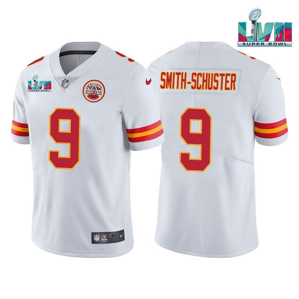 Personalized Men’s Kansas City Chiefs #9 JuJu Smith-Schuster White Super Bowl LVII Patch Untouchable Limited Stitched Jersey