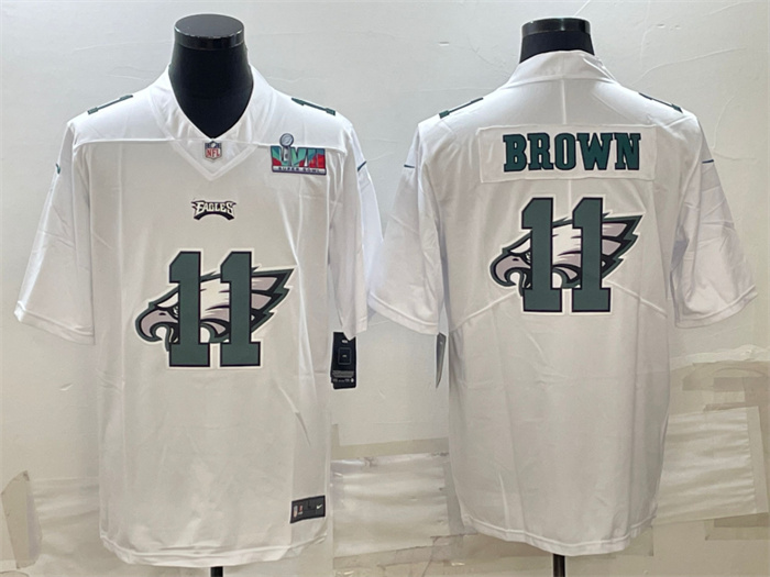 Personalized Men’s Philadelphia Eagles #11 A. J. Brown Super Bowl LVII Patch White Shadow Logo Limited Stitched Jersey