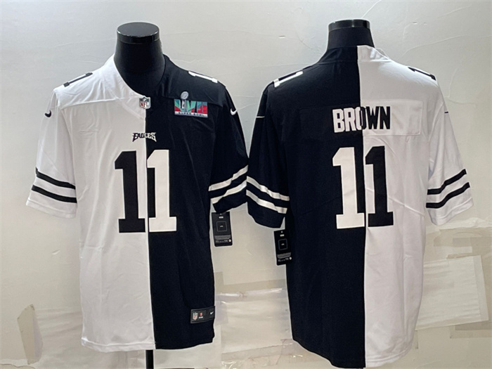 Personalized Men’s Philadelphia Eagles #11 A.J. Brown Black & White Split Super Bowl LVII Patch Limited Stitched Jersey