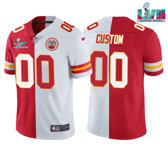 Personalized Men’s Kansas City Chiefs Active Player Red White Split Super Bowl LVII Patch Untouchable Limited Stitched Jersey