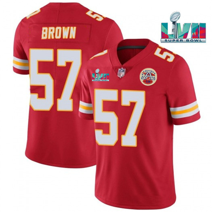 Personalized Men’s Kansas City Chiefs #57 Orlando Brown Red Super Bowl LVII Patch Untouchable Limited Stitched Jersey