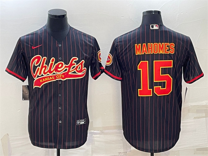 Personalized Men’s Kansas City Chiefs #15 Patrick Mahomes Black With Patch Cool Base Stitched Baseball Jersey
