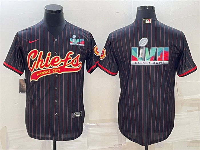Personalized Men’s Kansas City Chiefs Black With Super Bowl LVII Big Logo Cool Base Stitched Baseball Jersey