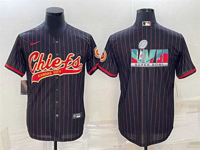 Personalized Men’s Kansas City Chiefs Black With Super Bowl LVII Big Logo Cool Base Stitched Baseball JerseyS