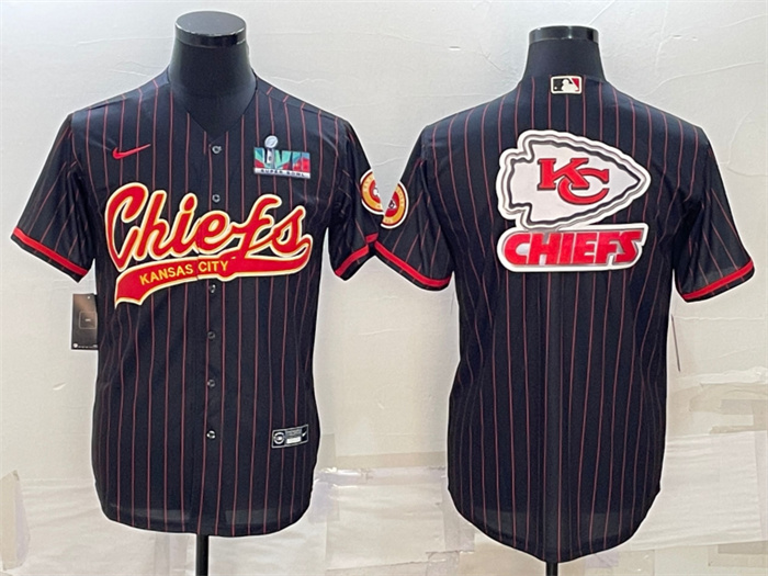 Personalized Men’s Kansas City Chiefs Black Team Big Logo With Super Bowl LVII Patch Cool Base Stitched Baseball Jersey