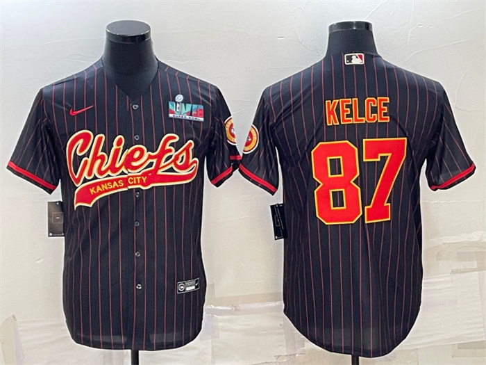 Personalized Men’s Kansas City Chiefs #87 Travis Kelce Black With Super Bowl LVII Patch Cool Base Stitched Baseball Jersey