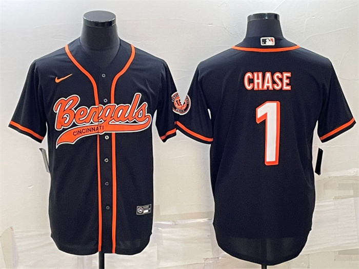 Personalized Men’s Cincinnati Bengals #1 Ja’Marr Chase Black With Patch Cool Base Stitched Baseball Jersey