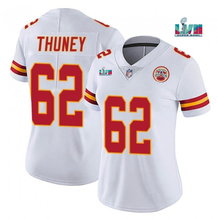 Personalized Women’s Kansas City Chiefs #62 Joe Thuney White Super Bowl LVII Patch Stitched Jersey(Run Small)